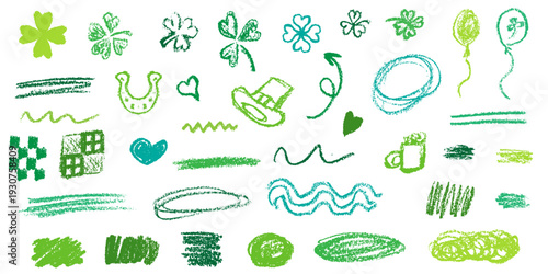 Hand drawn St. Patrick's Day elements set. Crayon kids drawing green clover leaf, shamrock, horseshoe, Leprechaun hat, balloon, heart. Chalk underlines set