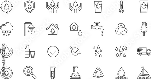 Water Conservation and Purification Line Icons Set with Rain, Recycling, Drinking Water, Laboratory Test, Faucet, Sustainability and Eco Protection Concepts