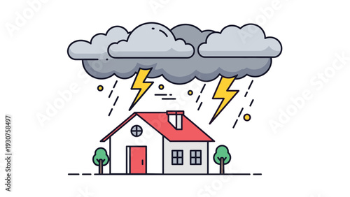 Severe weather event featuring a house being struck by lightning and rain under a dark storm cloud for property insurance themes on white.