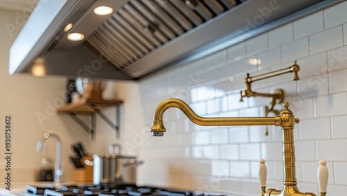 Kitchen scene with a golden faucet, range hood, tile, and cooking range