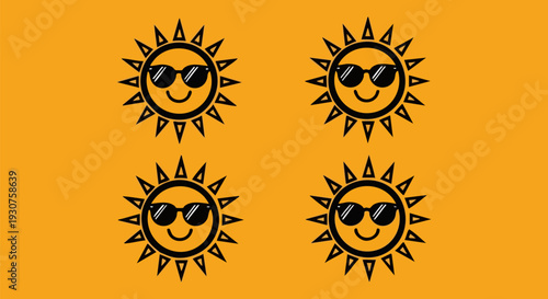 Set of 4 Cartoon Sun with Sunglasses Vector Icons