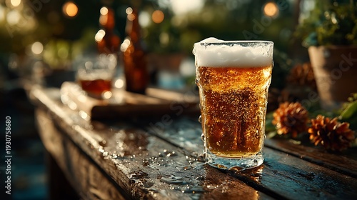 Sparkling mineral water glass next to cold foamy beer pint perfect bar menu wallpapers.