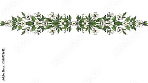 Symmetrical floral border decoration featuring delicate white blossoms and green foliage for invitation and stationery design on white.