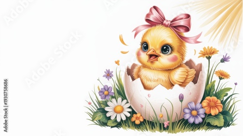 A cute yellow chicken with a pink bow, just hatched from a white shell surrounded by spring flowers. Easter illustration with a place for the text.