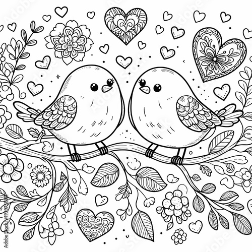Two cute birds with hearts surrounded by flowers in a whimsical style