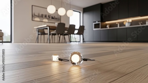 Modern interior view with spherical lights on wooden floor, dining area background