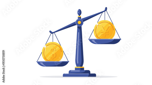 Financial scale comparing the value of the US dollar and the Japanese yen representing currency exchange rates on a plain white background.