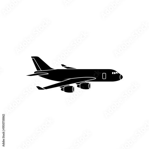 Airplane vector icon illustration of commercial passenger aircraft flying isolated on white background with wings and aviation travel concept