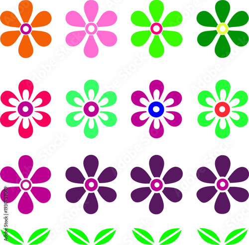 Colorful collection of stylized flowers arranged in a visually appealing grid pattern