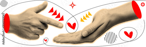 Halftone pop art dot hand gesture pointing finger romantic love symbol couple interaction concept vector illustration
