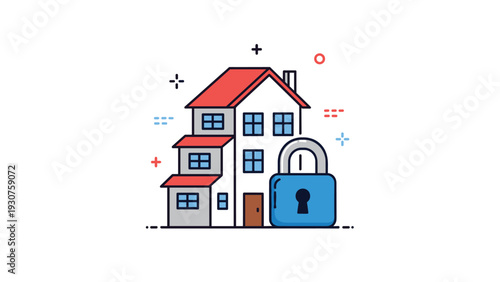 Large blue padlock securing a modern white house emphasizes residential safety and the importance of home insurance or security systems.