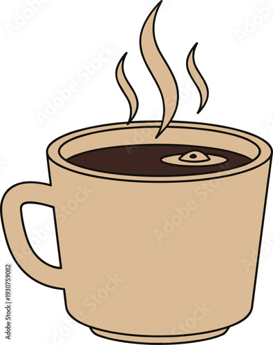 Hot coffee cup illustration with steam and ripples, brown ceramic mug, caffeine drink, morning beverage, cafe icon, breakfast liquid vector.