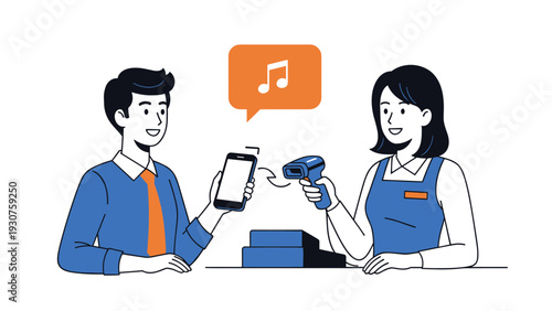 Male customer pays at a retail checkout counter using a mobile phone application while a store clerk scans the device with a laser.