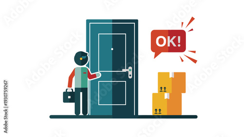 Delivery person in uniform stands at a front door with stacked cardboard boxes while a speech bubble confirms the successful arrival.