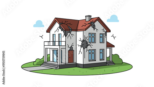 Two story white residential house with red roof displays multiple large cracks and structural damage indicating disaster or neglect.