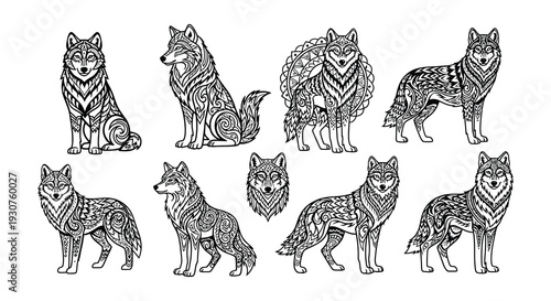 Intricate black and white illustration of several wolves in various poses