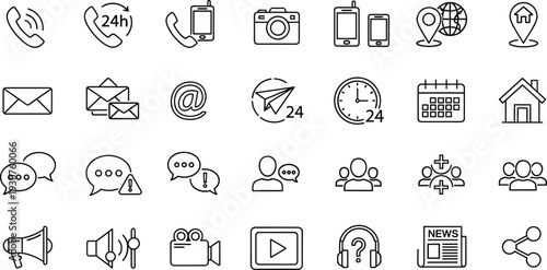Customer Support and Communication Line Icon Set with Phone Email Chat Calendar Media and Social Network Symbols Vector Illustration