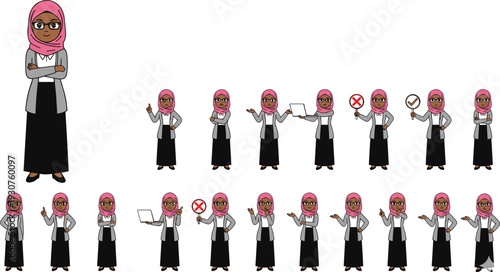 Cartoon woman character wearing pink hijab glasses gray cardigan black skirt vector illustration showing multiple expressive poses gestures holding laptop signs