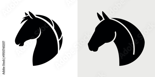 Black horse head silhouettes on white and gray backgrounds