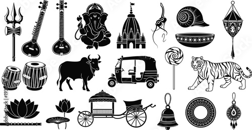 Vector illustration set of Indian cultural symbols including Ganesha, temple, musical instruments, animals, vehicles, and decorative motifs for heritage, tradition, spirituality, 