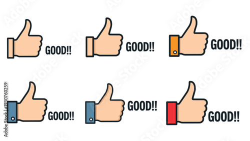 Set of six thumbs up icons accompanied by the word good in bold letters expresses strong approval and positive feedback for services.