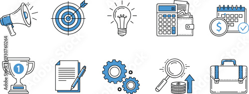 Business and Finance Line Icon Set with Target Lightbulb Calculator Trophy Documents Gears Investment and Briefcase Vector Illustration
