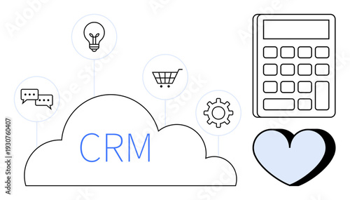 Customer relations, business tools, cloud services, data organization, e-commerce, innovation. Cloud labeled CRM with icons of a chat bubble, shopping cart, lightbulb gear calculator and heart