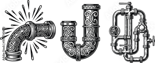 Vintage engraved plumbing pipe set with leaking elbow decorative U bend and industrial valve system detailed mechanical pipeline illustration isolated on light background
