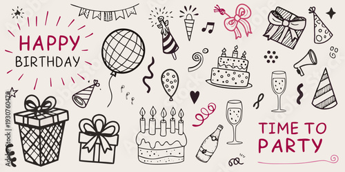Festive birthday doodles with balloons cake and party decorations