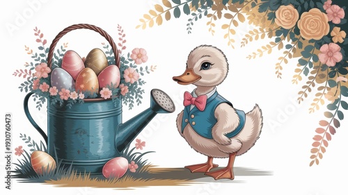 The yellow duckling is wearing a blue vest and a polka dot bow tie. Nearby, a wicker basket is filled with Easter eggs. It is a classic symbol of Easter, representing new life and rebirth.