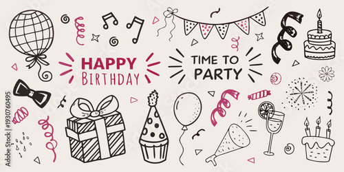 A colorful doodle illustration for a happy birthday celebration