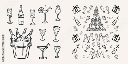 Festive celebration doodles featuring champagne gifts and holiday elements