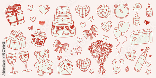 A collection of hand drawn romantic illustrations and celebratory elements
