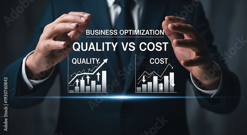 Business optimization concept showing quality increase and cost reduction charts