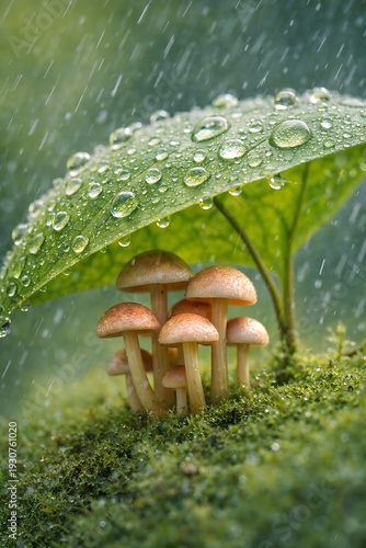 Wallpaper Mural Small wild mushrooms sheltering under a large green leaf during heavy spring rain, nature's protection concept Torontodigital.ca