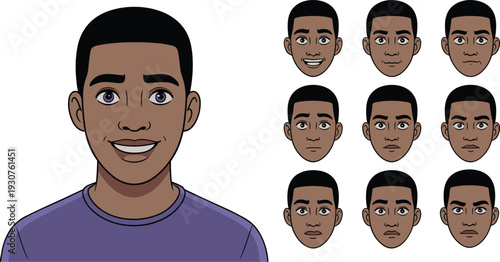 Cartoon character face expressions diverse emotions vector illustration of person with purple shirt showing happiness sadness anger surprise confusion