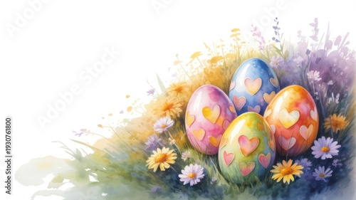 Easter illustration with the main symbols of spring and Easter holiday. In the center are the eggs, painted in bright colors. They are lying in thick green grass surrounded by spring primroses.