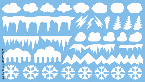Winter weather elements clouds snow and icicles illustrated in white