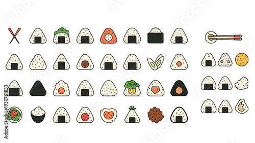 Large assortment of colorful onigiri rice balls with various fillings and seaweed wraps showcases traditional Japanese snacks.