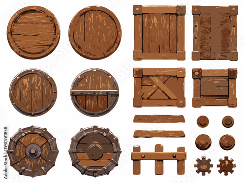Assorted wooden barrels crates and planks in a vector illustration