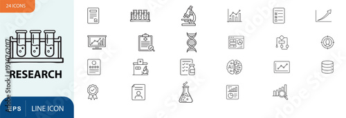 Research icons and symbols in a grid layout