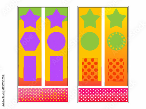 Colorful geometric shapes and patterns displayed in vertical rectangular arrangements