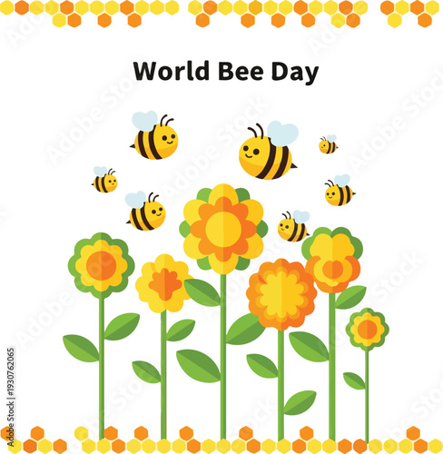 A colorful digital illustration of flying bees around vibrant flowers, celebrating World Bee Day on a white background with a decorative border. Perfect for World Bee Day promotions,
