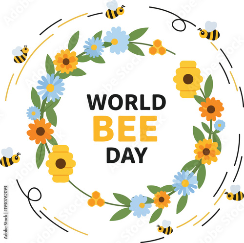 A colorful illustration of a floral wreath with bees, celebrating World Bee Day with vibrant flowers and insects on a white background. Perfect for posters, social media, and educational