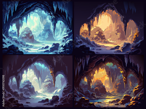 Four concept art panels depicting stylized illuminated ice and lava caves