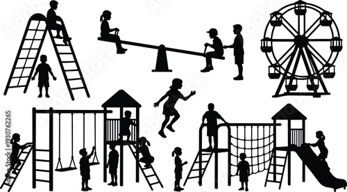 Black Silhouette Set of Children Playing on Playground Equipment Ferris Wheel Swings Slide and Seesaw Isolated on White Background for Park and Outdoor Activities