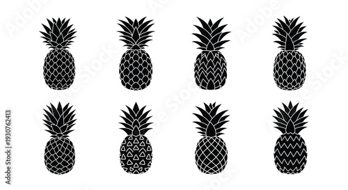Black and white illustration of nine different pineapple silhouettes
