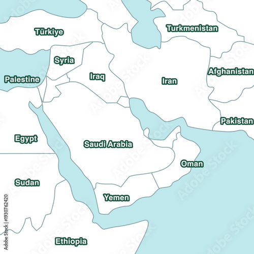 Flat vector political map of the Middle East and Arabian Peninsula with labeled countries and clear borders. Clean infographic style illustration ideal for education, atlas and geography projects.