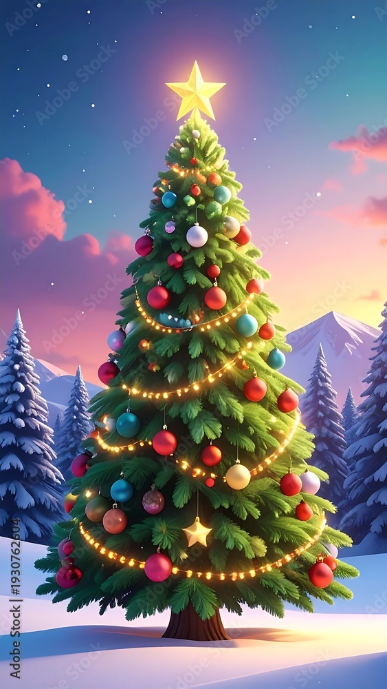 Obraz premium A decorated Christmas tree in a snowy landscape at sunset