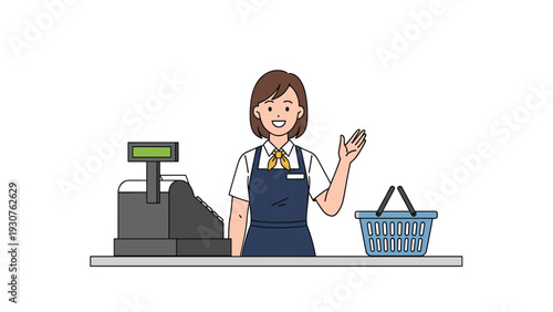 Friendly female cashier waves a greeting behind a supermarket checkout counter with a cash register and a blue shopping basket.